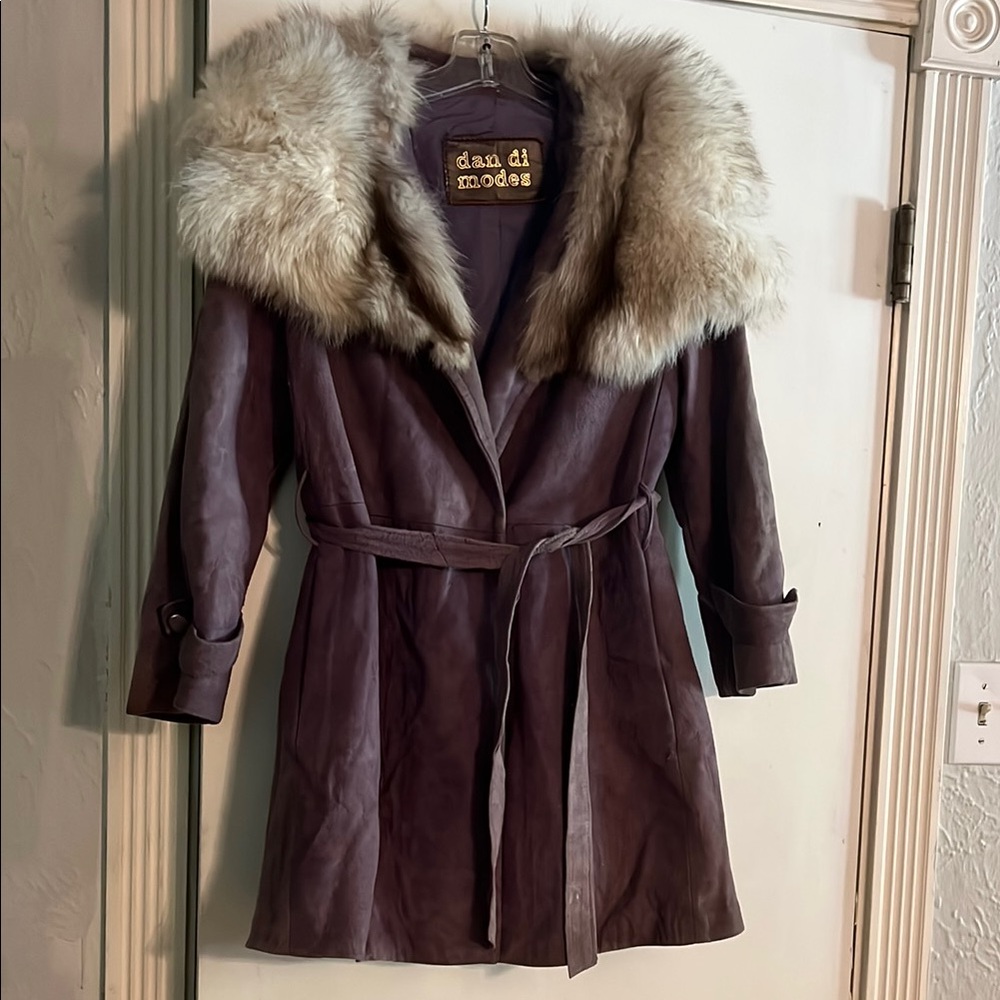 Purple and Cream  suede Trench Coat with Luxurious Fur Trim